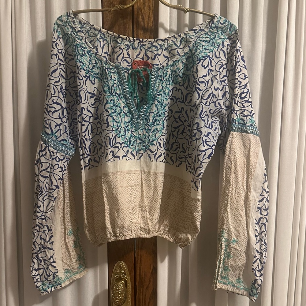 Free People Blue Aqua Tan Print Tie front Peasant Top